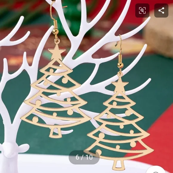 Gold Christmas Tree Earrings Holiday Festive - Picture 7 of 10